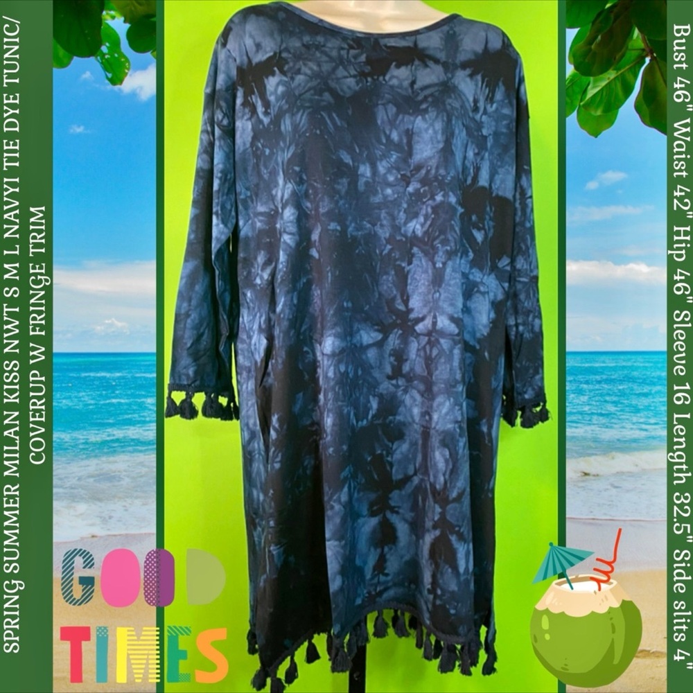 ELEGANT MILAN KISS NWT S M L NAVYI TIE DYE TUNIC/COVERUP W FRINGE TRIM